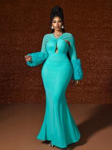 Maweii Váy đuôi cá hở lưng lưới khoét lỗ thanh lịch gợi cảm cỡ lớn - màu xanh lá - Xem 7