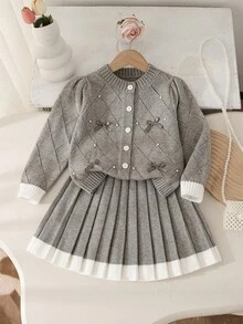 2 件套少女蝴蝶结装饰前扣拼色长袖上衣和百褶裙毛衣套装 - 彩色 - 查看 8