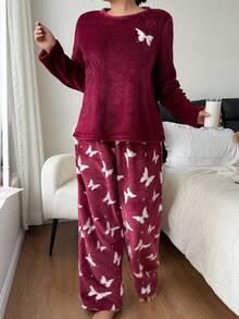 Plus Size Butterfly Flannel Long Sleeve Top & Long Pants Fluffy Pajama Set, Cozy Winter Clothes - Red - View 3