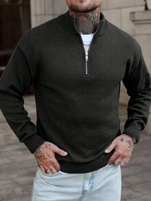 Manfinity Homme Áo len chui đầu tay dài có khóa kéo 1/4 dành cho nam, Thu/Đông - màu đen - Xem 4