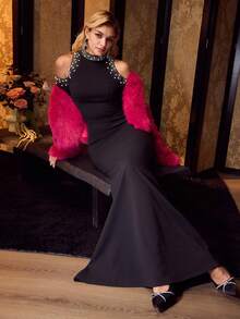 MOTF Soiréza WOMEN'S KNIT STAND COLLAR LONG SLEEVE FLOOR-LENGTH EVENING GOWN WITH CUT-OUT SHOULDERS & BEADED EMBROIDERED NECKLINE/SLEEVES , SLIM-FIT FISH TAIL SKIRT FOR ELEGANT PARTIES & RED CARPET EVENTS - Black - View 7