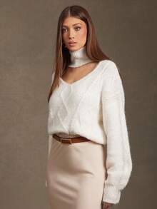 L'Amorae Women Cable Knit Sweater With Front Cut Out Fall - White - View 4
