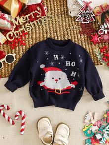 SHEIN Áo len dệt kim cổ tròn tay dài thời trang hình ông già Noel cho bé gái - Xanh đậm - Xem 7