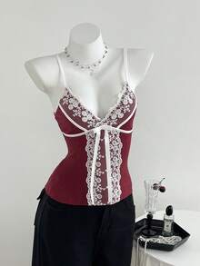 Elamini Women's Casual Fashionable Lace Patchwork Knit Camisole, Autumn/Winter - Burgundy - View 6