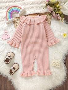 Pelele de suéter para bebé niña, con cuello y bajo con volantes, decorado con lazo 3D de manga larga, pelele de punto rosa para bebé niña, conjunto de punto rosa para bebé niña, pelele de volantes rosa con lazo para bebé, ropa de bebé melocotón, pelele rosa para bebé niña, conjunto de punto para bebé niña, suéter de bebé niña, ropa de bebé neutra recién nacida, pelele casual de bebé, ropa de bebé cálida de 0 a 3 meses para niña en invierno - Rosa Pálido - Ver 4