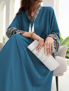 Al Najma 女式优雅几何印花拼接宽松长款开衫连衣裙，秋季 - 藍色 - 查看 4