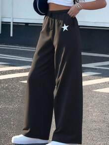 SHEIN Quần len in logo ngôi sao thường ngày cho bé gái tuổi teen, quần đa năng màu trơn phù hợp cho mọi hoạt động, thích hợp để đi làm, đi học, mặc thường ngày, du lịch, tiệc ngoài trời, thể thao, thích hợp cho mùa thu/đông - màu đen - Xem 4