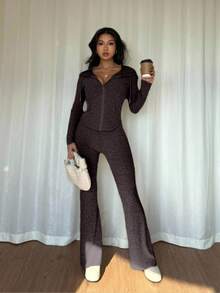 Rafferiza 2pcs Women Casual Hooded Sweatshirt With Pockets & Ribbed Flare Pants Set, Versatile For Daily Wear, Autumn/Winter - Mocha Brown - View 7