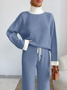 EURMUSE WOMEN HİGH NECK SOFT TOUCH SWEATERAND PANT Two Pieces OUTFİT CO-ORDS,Loungewear Set,Petite,Winter Clothes - Baby Blue - View 6