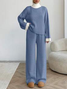 EURMUSE WOMEN HİGH NECK SOFT TOUCH SWEATERAND PANT Two Pieces OUTFİT CO-ORDS,Loungewear Set,Petite,Winter Clothes - Baby Blue - View 7