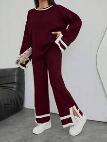 EURMUSE 1pc Contrast Trim Drop Shoulder Sweater & 1pc Knit Pants,Loungewear Set,Petite,Winter Clothes,Two Piece Set Women - Burgundy - View 3