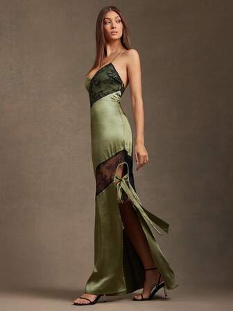 L'Amorae Women Wedding Guest Maxi Long Strappy Satin Dress With Sheer Lace Detail