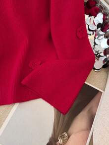 SHEIN LUNE 女式纯色 V 领法式手工钩编 3D 花卉毛衣，秋冬 - 紅色 - 查看 3