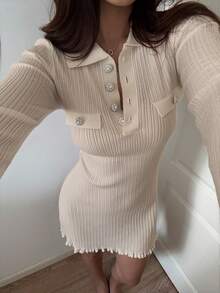 SHEIN Unity Women's Casual Autumn/Winter Knit Dress With Rhinestone Buttons And Collar - Apricot - View 5