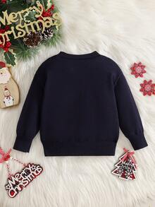 SHEIN Áo len dệt kim cổ tròn tay dài thời trang hình ông già Noel cho bé gái - Xanh đậm - Xem 2