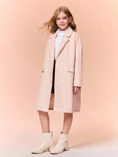 SHEIN Tween Girls' Elegant Notched Collar Double-Breasted Long Sleeve Knee-Length Casual Jacket, Suitable For Autumn/Winter