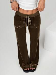 SHEIN EZwear Women's Brown Velvet Casual Pants, Simple & Fashionable For Everyday Wear
