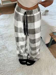 SHEIN EZwear Women's Tie-Waist Fluffy Plaid Print Casual Wide Leg Baggy Pants Comfy Pants Checkered Pants Pajama Pants Gingham Pants Plaid Pants Loungewear,Fall,Fall Clothes For Women - Grey - View 5