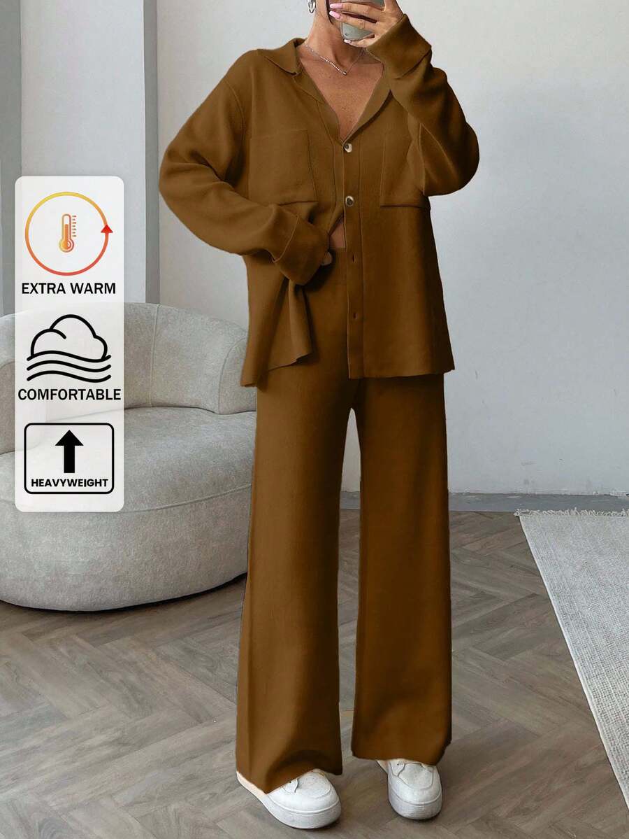 EURMUSE Women Solid Color Collar Neck Front Button Pocket Detailed Pullover & Sweater Pants Set,Petite,Winter Clothes - Brown - View 1
