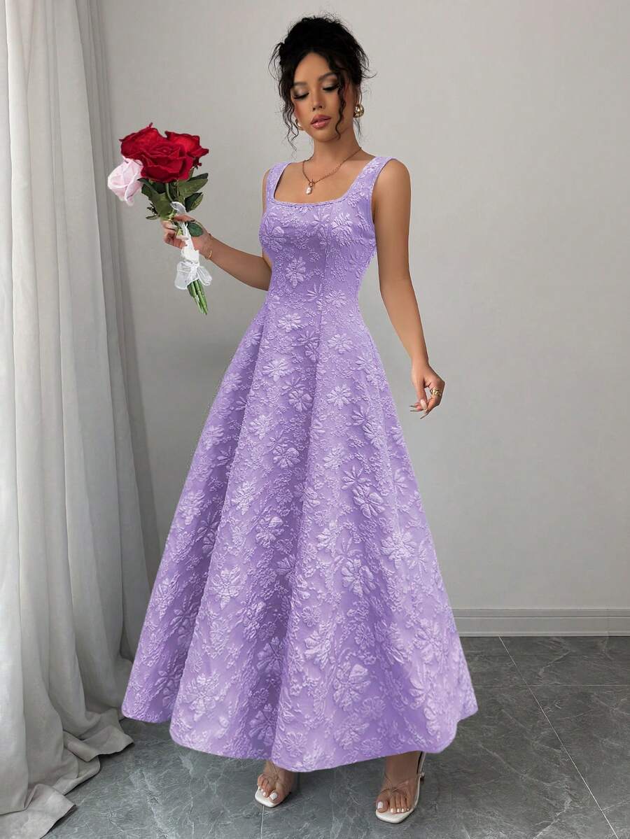 Elenzga 新款女式无袖纹理花卉编织中长修身连衣裙，优雅精致，百搭，凸显身材，适合年轻女士 - 紫色 - 查看 1