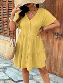 SHEIN Clasi Plus Size V-Neck Textured Fabric Raglan Short Sleeve A-Line Ruffle Hem Casual Vacation Commute Party Dress - Yellow - View 4