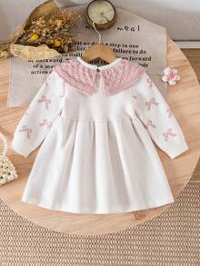 SHEIN Playful Pals Baby Girls Autumn/Winter New Outfit, Round Neck Ruffle Lantern Sleeve Sweater Dress, Fashionable Casual Versatile Long Sleeve Sweater Dress Winter Christmas Halloween Toddler Cardigan Sweater Autumn Fall Jumpers Sweaters Tops Dress Dresses Christmas Jumper Cozy Pixies Prepcrw Christmas Outfit Halloween  New Born Toddler  Fall Winter Dress Halloween  Romper Stuff Halloween Jumper Jumper Cardigans Shirts White Cardigan Clean Downtown Off The Shoulder Sweater Outfit Sets Pink Sweater Jacket Cute Fall Outfits Outfits Top Maija Christmas Dress  Toddler Fall Dark Purple Skirt Christmas Sweater  Fall Sweaters Unisex White Sweater Vest Skirt Sets - White - View 3