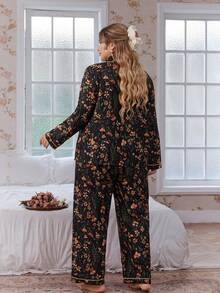 CottageSlumber Floral Print Open Front Collar Long Sleeve Top & Pants Plus Size Pajama Set Fall Winter Clothes - Multicolor - View 2
