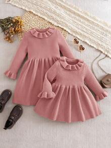 SHEIN Babygirl 可爱纯色针织长袖连衣裙，秋冬 - 粉色 - 查看 10