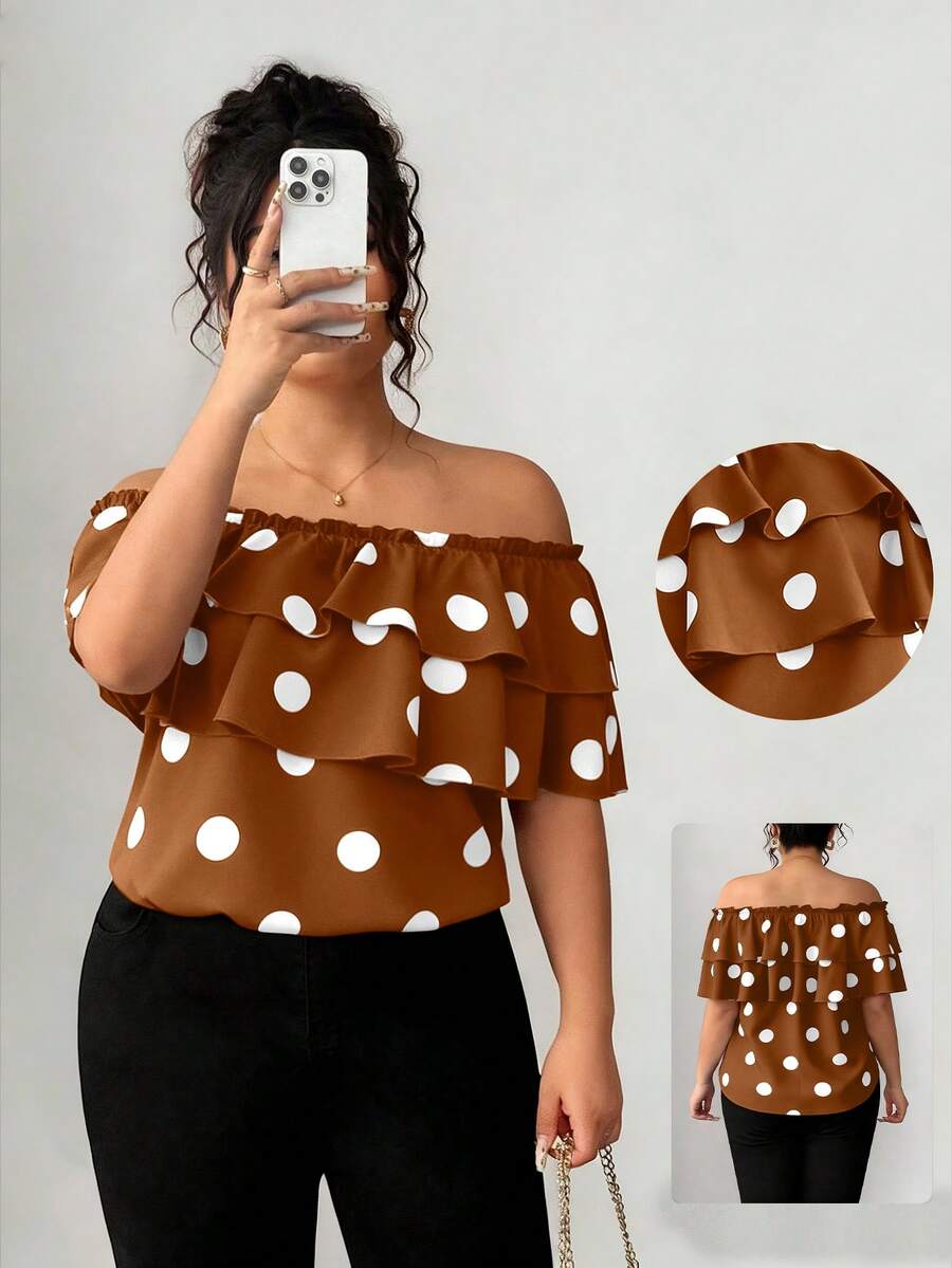 Elenzga Blusa de hombros descubiertos con volantes en capas y estampado de lunares clásico para mujer de talla grande - Marrón - Ver 1