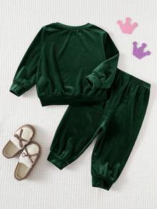 Cozy Pixies 2pcs Baby Girl Crown & Letter Embroidered Fleece Crew Neck Sweatshirt And Elastic Waist Jogger Pants Set Green Baby Girl Outfit Baby Girl Princess Casual Pant Sets Green Jogging Suit Baby Boy Baby Street Wear Green Toddler Outfit Green Jogging Suit Toddler Toddler Princess Outfit - Green - View 2