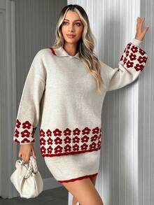 EURMUSE Women Cute Beige Knit Sweater With Red Floral Hem And Contrast Collar & Mini Skirt 2Pcs Set - Beige - View 4
