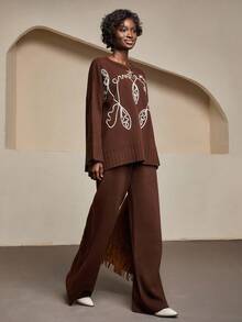 Bóhologie 2pcs Women Embroidered Sweater & Knitted Pants Set, Autumn/Winter Brown Outfits For Women,Co Ord,Petite - Coffee Brown - View 4