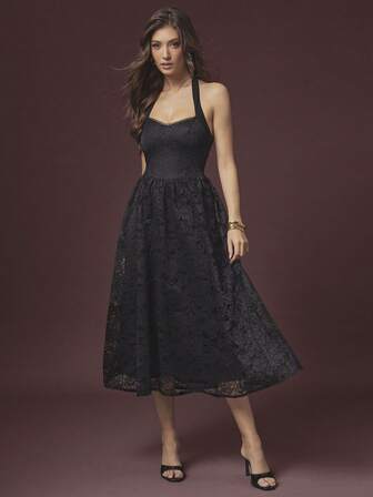 L'Amorae 女式蕾丝中长连衣裙，配雪纺肩带，节日鸡尾酒会礼服秋季婚礼宾客返校节