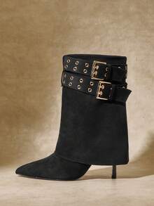 SHUZIA Sepatu Bot Wanita Seksi dengan Hiasan Gesper, Ujung Lancip, Hak Stiletto, Bahan Suede Imitasi, Panjang Setengah Betis - Hitam - View 3