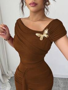 Modelyn 金属扣装饰褶饰修身优雅女式长裙 - 棕色 - 查看 7