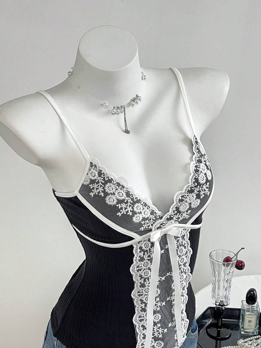 Elamini 女士休闲蕾丝拼布针织吊带背心，秋冬 - 黑色 - 查看 1