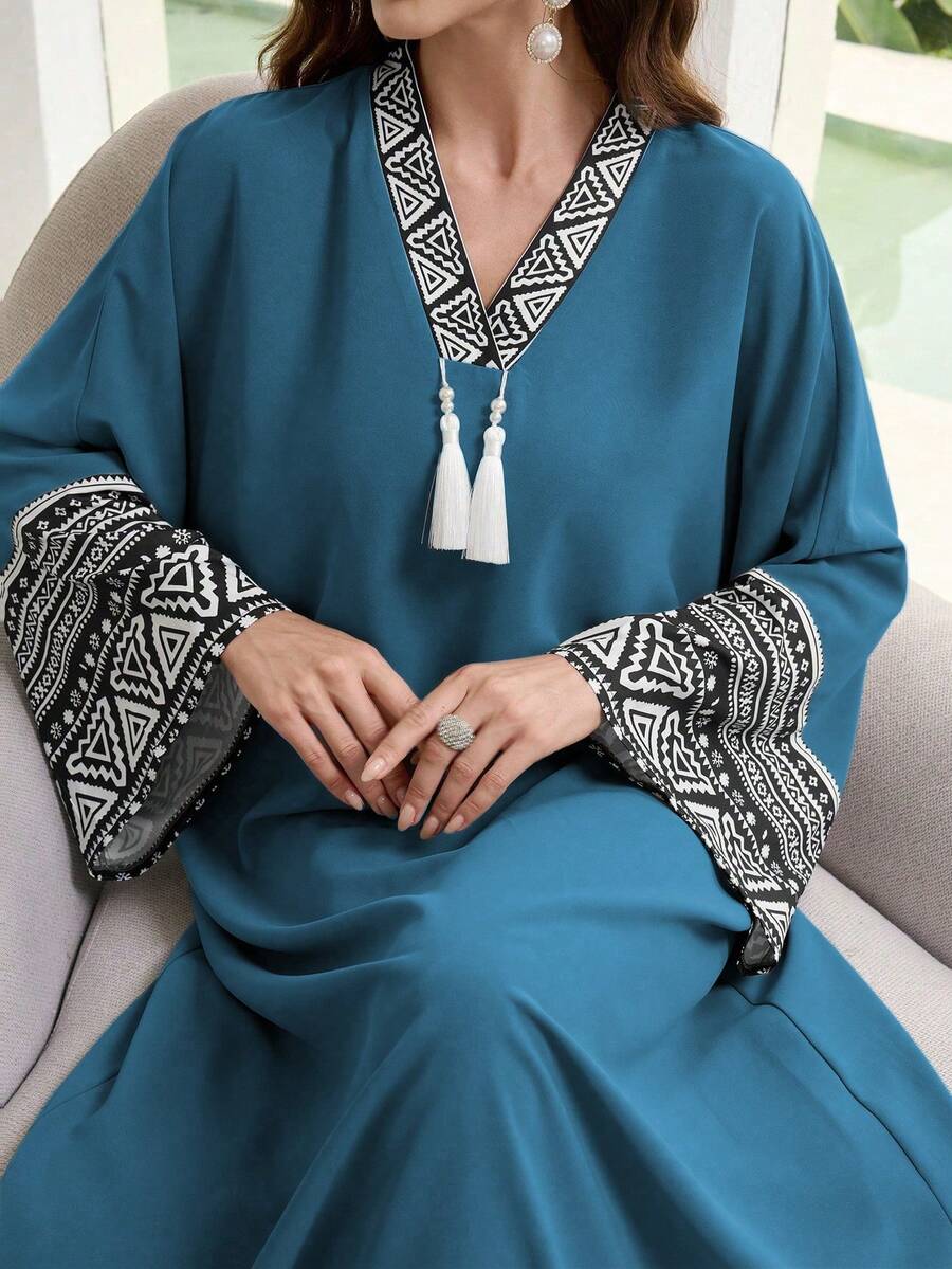 Al Najma 女式优雅几何印花拼接宽松长款开衫连衣裙，秋季 - 藍色 - 查看 1