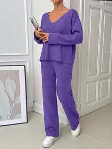 EURMUSE Damski luźny, wygodny, ciepły, gruby, dwuczęściowy komplet swetrów z podwójnym rękawem i dekoltem w serek