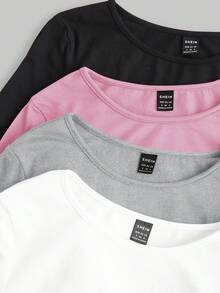 SHEIN EZwear Áo thun nữ tay dài cổ tròn màu trơn, xếp ly, ôm sát, áo croptop nữ, áo croptop tay dài, áo ôm sát, áo tay dài nữ, áo croptop nữ, áo tay dài nữ, mùa thu, quần áo mùa thu cho nữ, áo tay dài. - Hồng - Xem 7