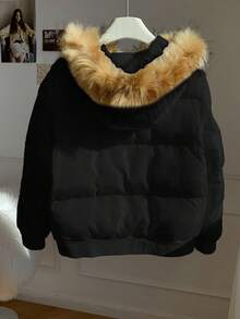 Muchica Women's Faux Fur Patchwork Hooded Zip-Up Long Sleeve Padded Coat Autumn Winter Clothes For Women Black Black Jacket Oversized Jacket Crop Jacket