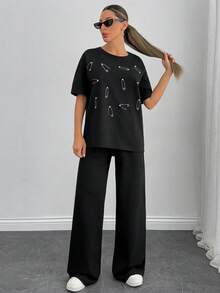 EURMUSE 2 Pcs, Rhinestone Details T-Shirt & Wide Leg Pant - Black - View 3