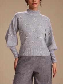 SHEIN Unity 女士新款灰色立领串珠设计毛衣，适合居家和通勤，冬季 - 灰色 - 查看 6