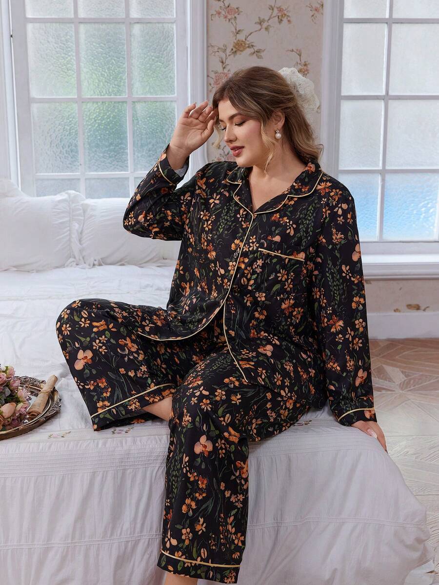 CottageSlumber Floral Print Open Front Collar Long Sleeve Top & Pants Plus Size Pajama Set Fall Winter Clothes - Multicolor - View 1