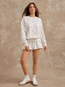 WESTFADE 90年代春季花卉印花超大圆领长袖卫衣 - 奶油色 - 查看 3