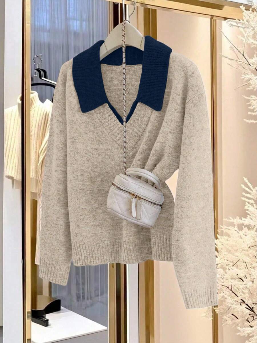 Franclia V-Neck 2 In 1 Long Sleeve Sweater, Autumn/Winter - Khaki - View 1