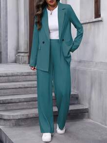 SHEIN LUNE 女士纯色双排扣长袖西装套装，包含外套和裤子，适合商务休闲、办公室穿着。 - 藍色 - 查看 1