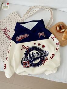 Attitoon 休闲复古风街头运动风蓝红撞色复古英文数字23印花卫衣，适合秋冬季节，风格包括复古、性感、可爱、Y2K、椰子女孩、波西米亚、嬉皮风、音乐节等，是女士秋季服装的理想之选。 - 彩色 - 查看 1