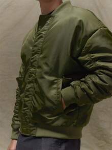 Musero Oversized Shine Down Ruched Sleeve Bomber Jacket Hidden Zip Detailing Fall/SPRING SUMMER - Army Green - View 6