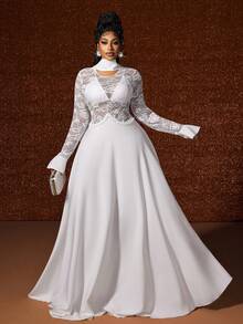 Maweii 大码女式蕾丝拼布派对连衣裙 - 白色 - 查看 1