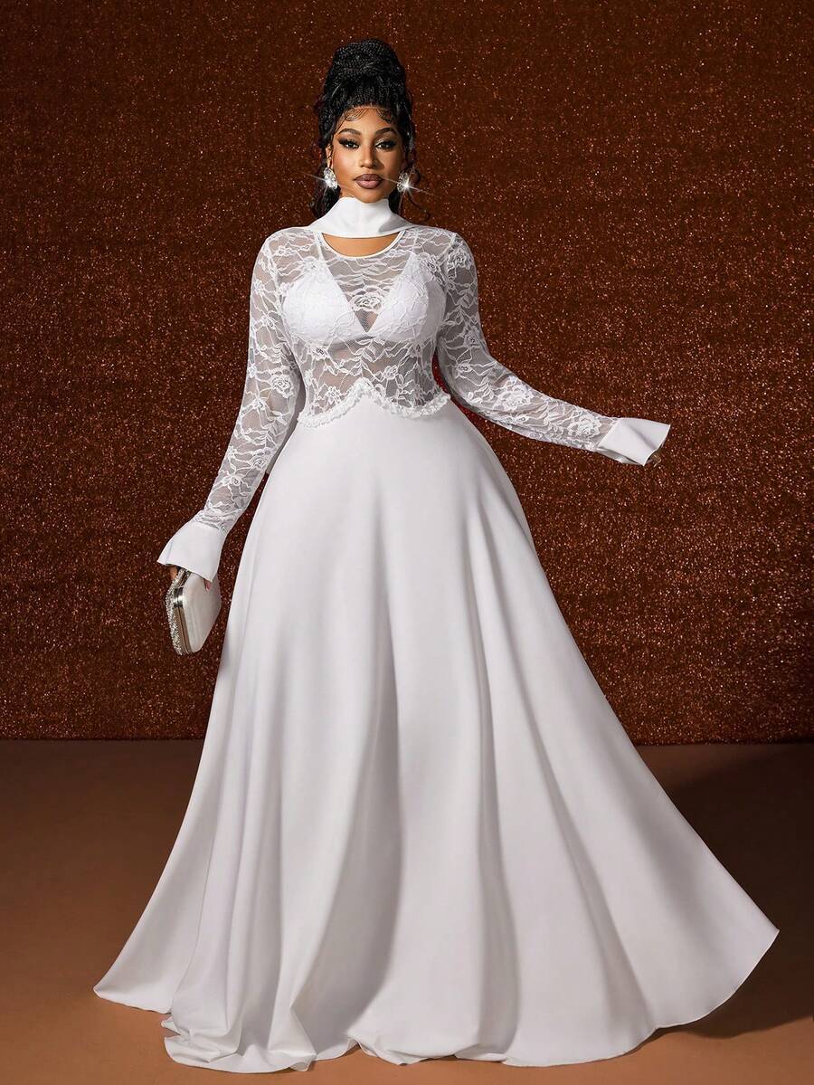 Maweii 大码女式蕾丝拼布派对连衣裙 - 白色 - 查看 1